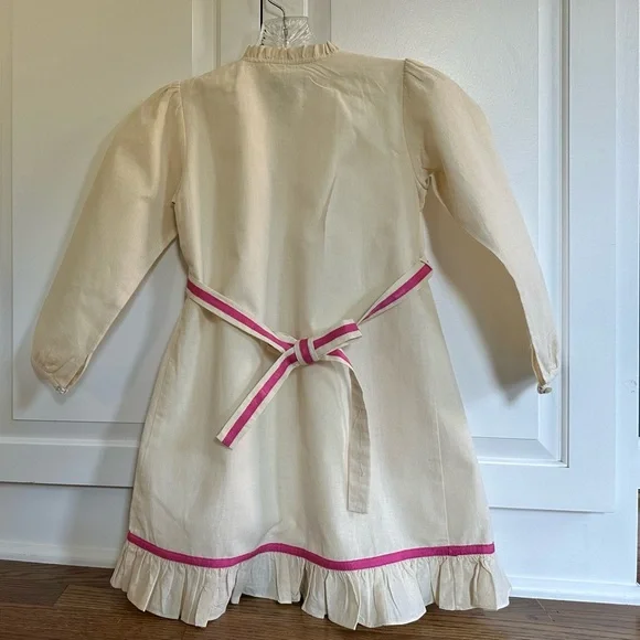 Oscar de la Renta Girl’s Pintuck Ruffle Trim Dress in Cream and Pink, Size 8Y